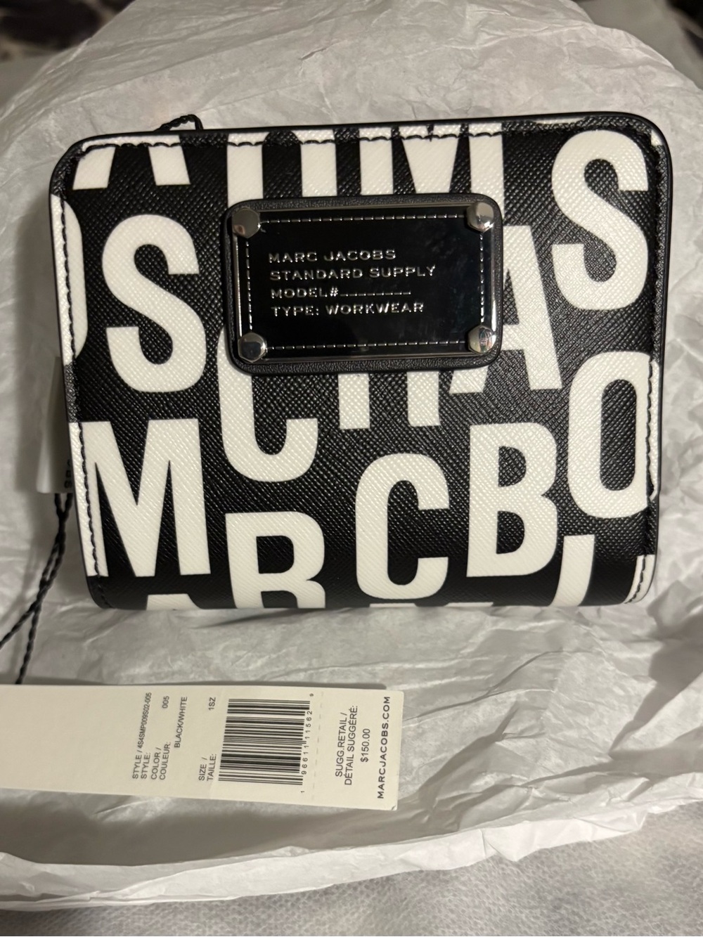 Marc Jacobs Black and White Logo Zip-Around Wallet with Metal Name Plate